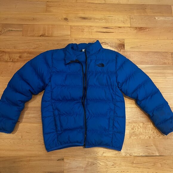 The North Face Boys Blue 550 Fill Goose Down Zip Up Jacket Coat Puffer LG 14/16 - Picture 1 of 8